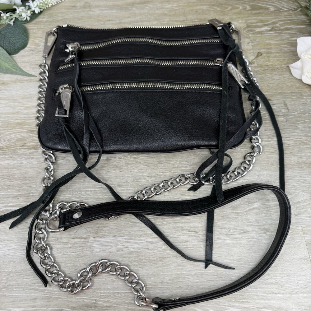 Rebecca Minkoff Black Leather Tassel Multi Zip Crossbody Bag Chain Strap Purse - Picture 9 of 9